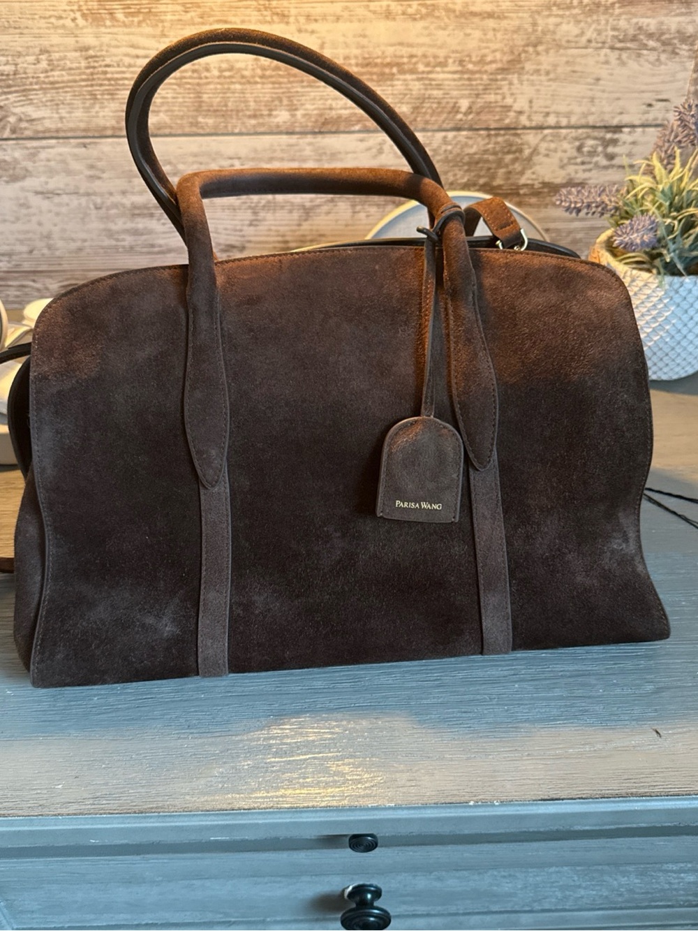 Parisa Wang Dark Brown Suede Satchel with Gold Hardware